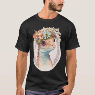 Cute Watercolor Gecko Reptile Flower Crown Boho Ae T-Shirt