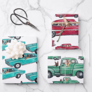 Cute Watercolor German Shepherds in Vintage Cars W Wrapping Paper Sheet