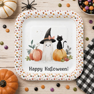 Cute Watercolor Ghost Black Cat Pumpkin Halloween Paper Plate