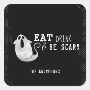 Cute Watercolor Ghost Eat Drink Be Scary Halloween Square Sticker