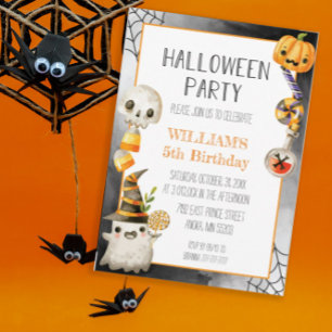 Cute Watercolor Ghost Halloween Kids Birthday Invitation