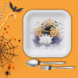 Cute Watercolor Ghost Pumpkin Baby Shower  Paper Plate