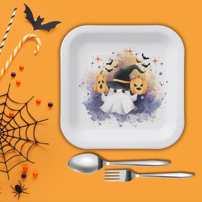 Cute Watercolor Ghost Pumpkin Baby Shower  Paper Plate (Creator Uploaded)
