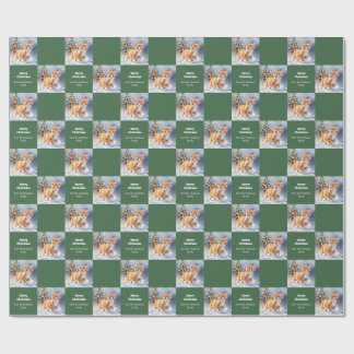 Cute Watercolor Ginger Kitten Green Christmas Wrapping Paper