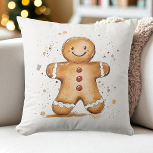 Cute Watercolor Gingerbread Man Farmhouse Holiday Cushion