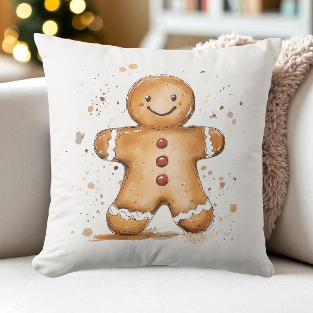 Cute Watercolor Gingerbread Man Farmhouse Holiday Cushion (Cute Watercolor Gingerbread Man Farmhouse Holiday Throw Pillow)