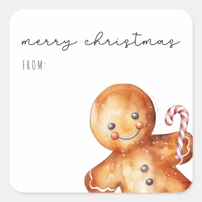 Cute Watercolor Gingerbread Man | Merry Christmas Square Sticker (Front)