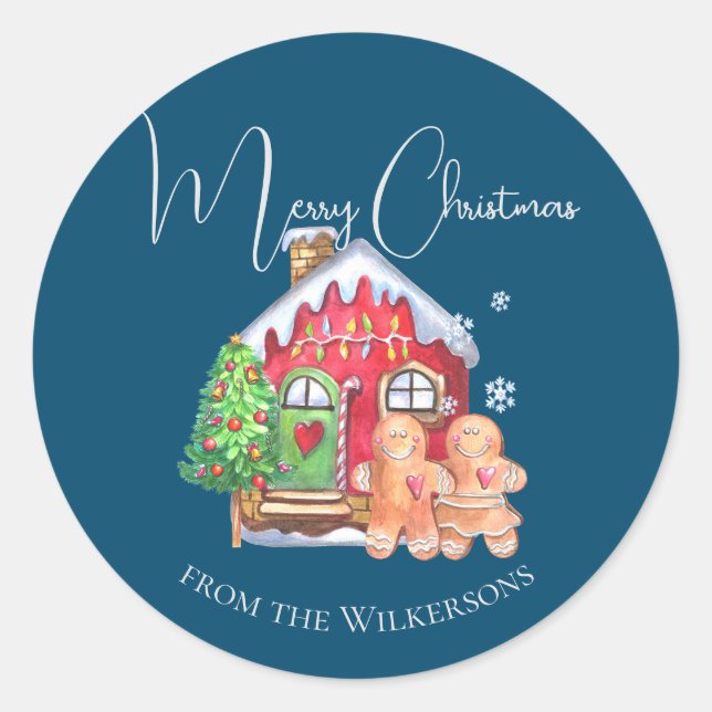 Cute Watercolor Gingerbread People on Blue Classic Round Sticker (Front)