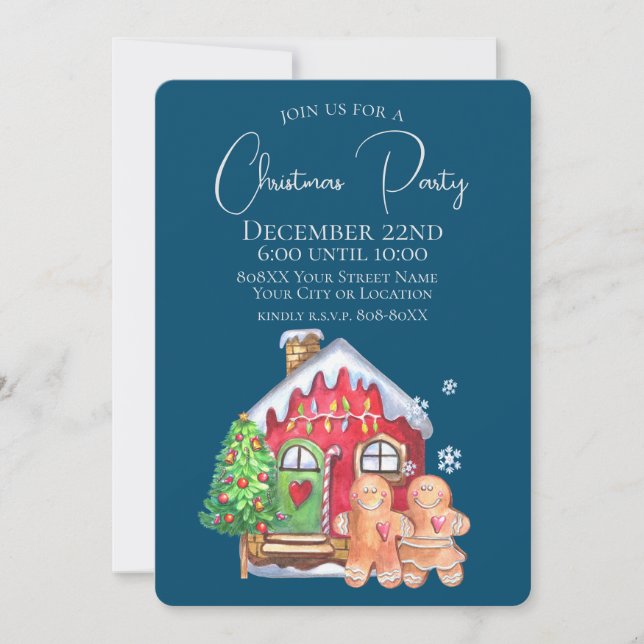 Cute Watercolor Gingerbread People on Blue Invitation (Front)