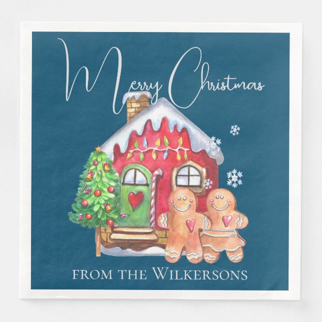 Cute Watercolor Gingerbread People on Blue Napkin (Front)