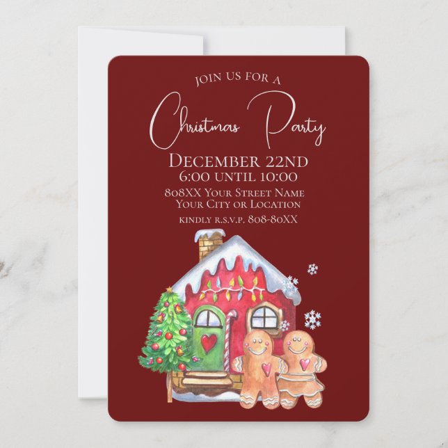 Cute Watercolor Gingerbread People on Burgundy Invitation (Front)