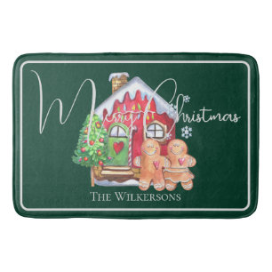 Cute Watercolor Gingerbread People on Green Bath Mat