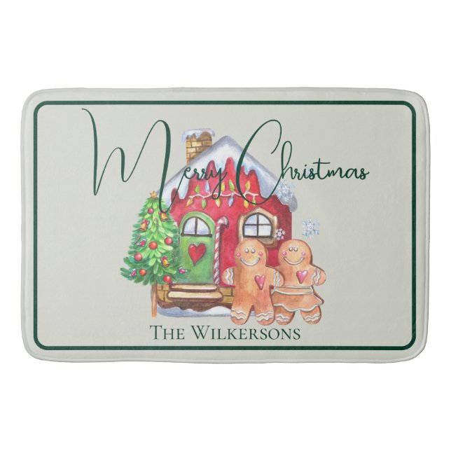 Cute Watercolor Gingerbread People on Sage Bath Mat (Front)