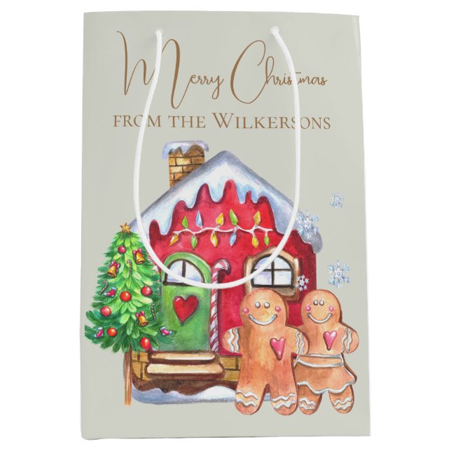 Cute Watercolor Gingerbread People on Sage Medium Gift Bag (Front)
