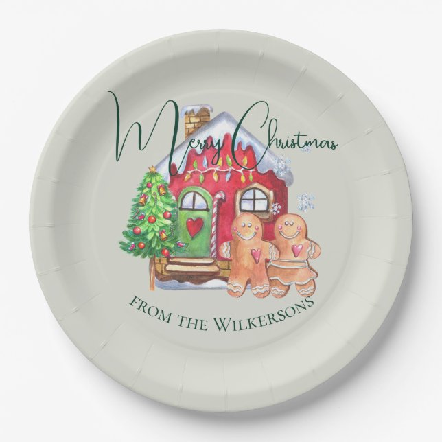 Cute Watercolor Gingerbread People on Sage Paper Plate (Front)
