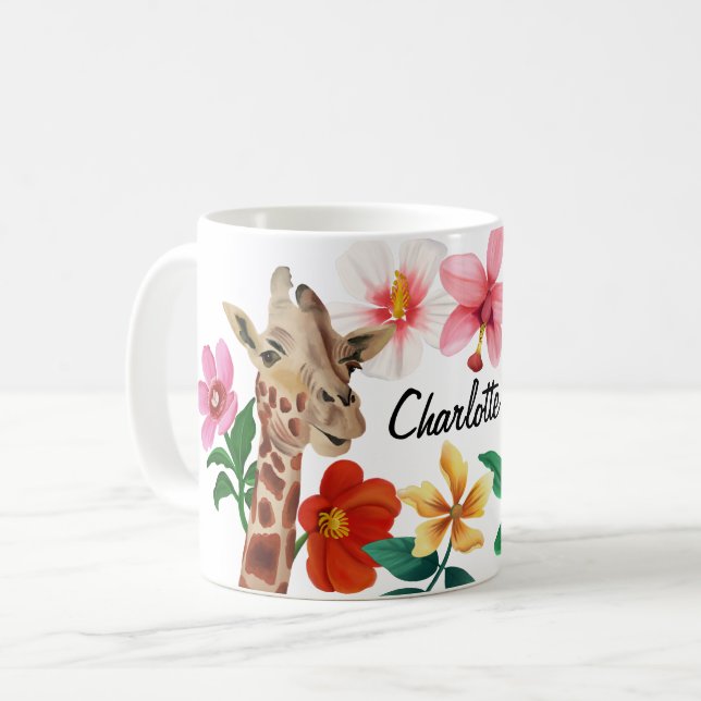 Cute Watercolor Giraffe Floral Name Coffee Mug (Front Left)