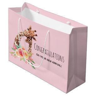 Cute Watercolor Giraffe Mum & Baby Girl Large Gift Bag