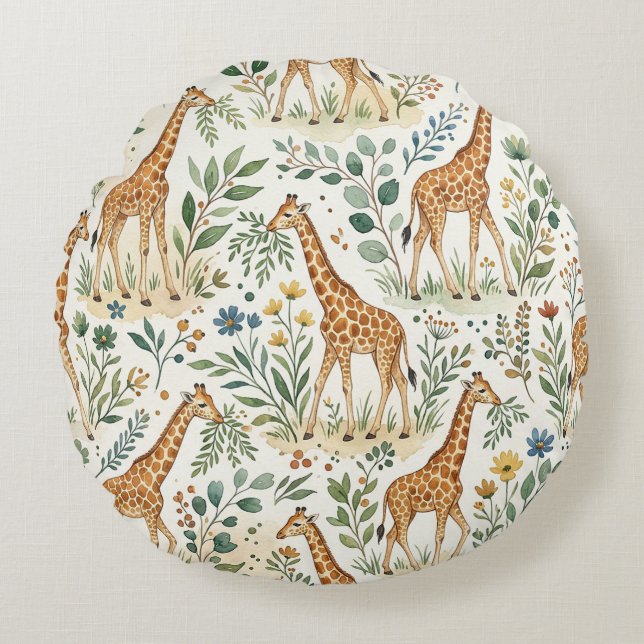 Cute Watercolor Giraffe Pattern Round Cushion (Front)