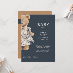 Cute Watercolor Girl Teddy Bear Baby Shower Invitation