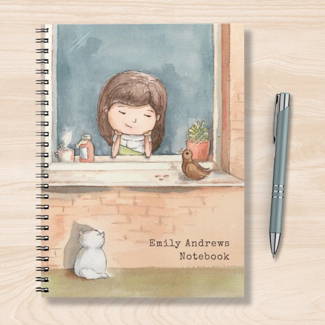 Cute Watercolor Girl With Bird Cat Personalised Notebook (Creator Uploaded)