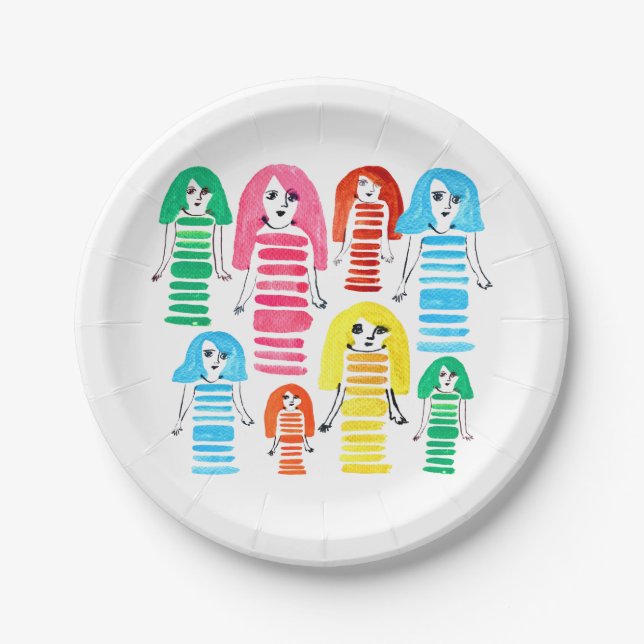Cute watercolor girls funky fun paper plate (Front)