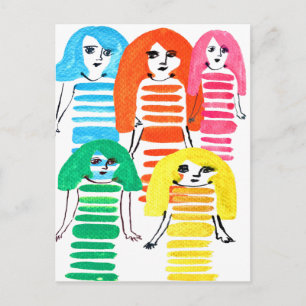Cute watercolor girls funky modern art postcard