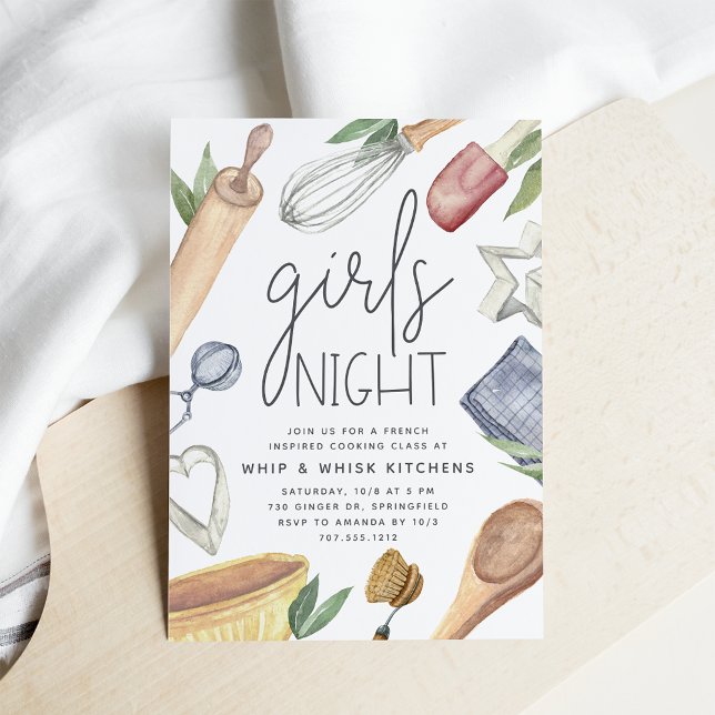 Cute Watercolor Girls Night Out Cooking Class Invitation (Creator Uploaded)