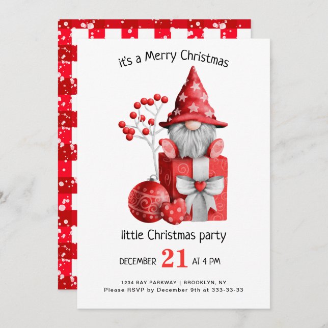 Cute Watercolor  Gnomes Little Christmas Party Inv Invitation (Front/Back)