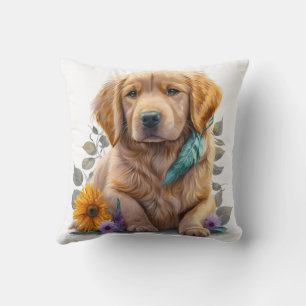 Cute Watercolor Golden Retriever Puppy Dog Cushion