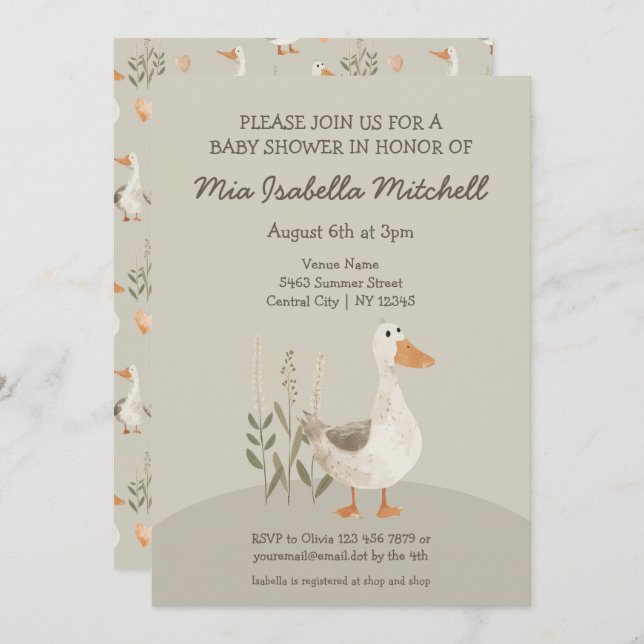 Cute Watercolor Goose Baby Shower Invitation (Front/Back)