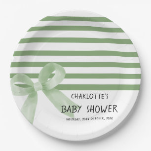 Cute Watercolor Green Bow Baby Shower Paper Plate