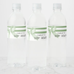 Cute Watercolor Green Bow Baby Shower Water Bottle Label
