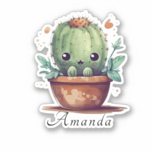 Cute Watercolor Green Cactus Name Custom Cut