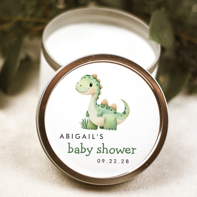 Cute Watercolor Green Dinosaur Baby Shower Classic Round Sticker (Creator Uploaded)