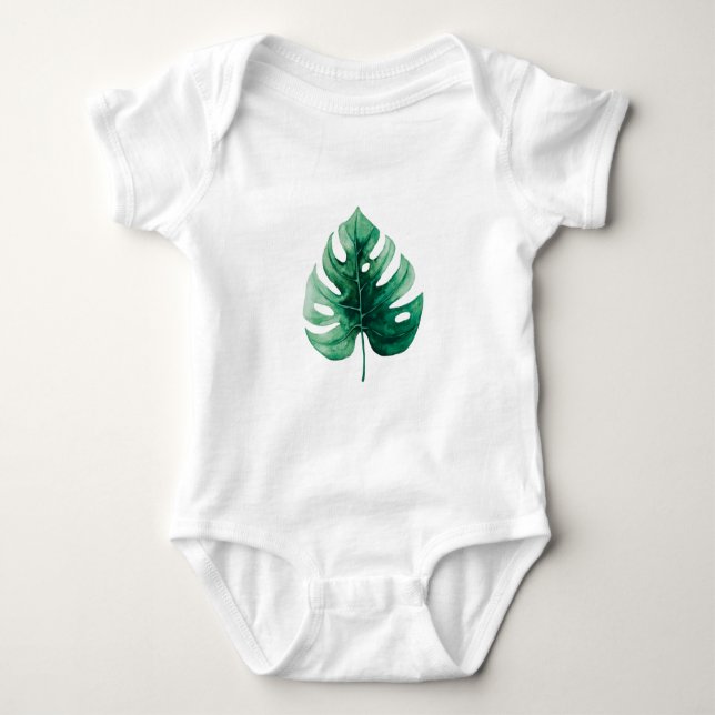Cute Watercolor Green Monstera Leaf Baby Bodysuit (Front)