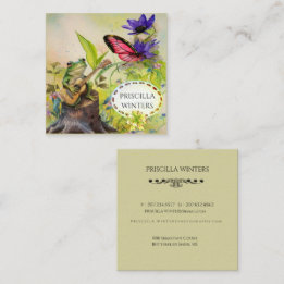 Cute Watercolor Guitar Frog Butterfly Square Business Card