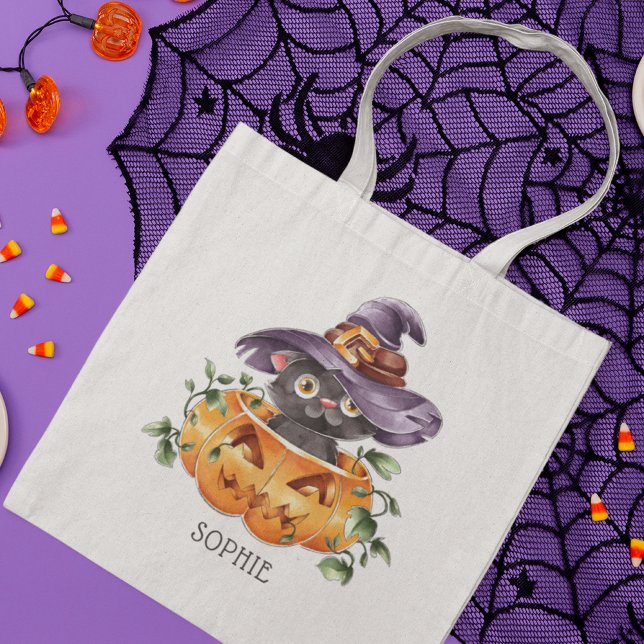 Cute Watercolor Halloween Pumpkin Cat Tote Bag (Creator Uploaded)