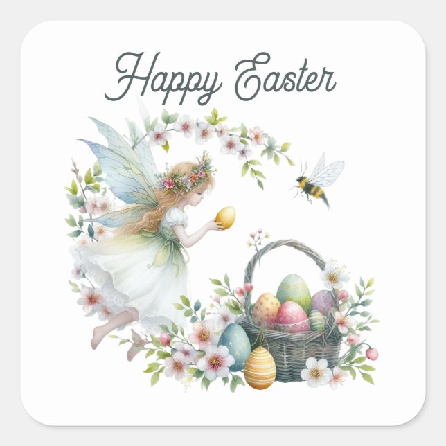 Cute watercolor Happy Easter fairy  Square Sticker (Front)