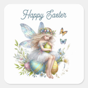 Cute watercolor Happy Easter fairy Square Sticker