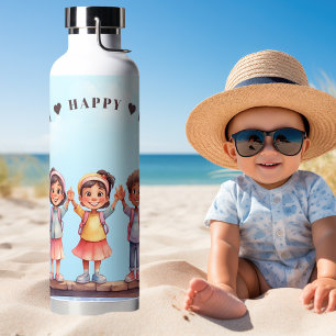 Cute Watercolor Happy Kids Summer Water Bottle