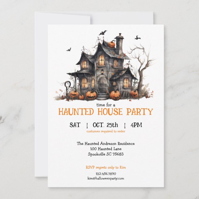 Cute Watercolor Haunted House Halloween Party Invitation (Front)