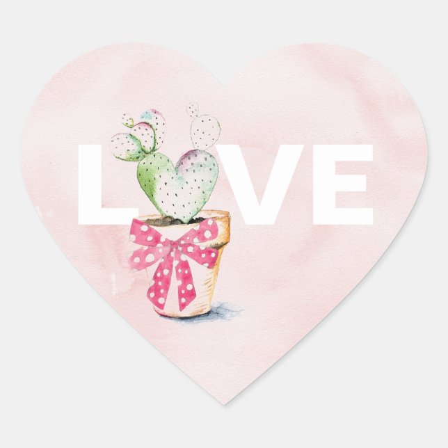 Cute Watercolor Heart Cactus Valentines Day Heart Sticker (Front)