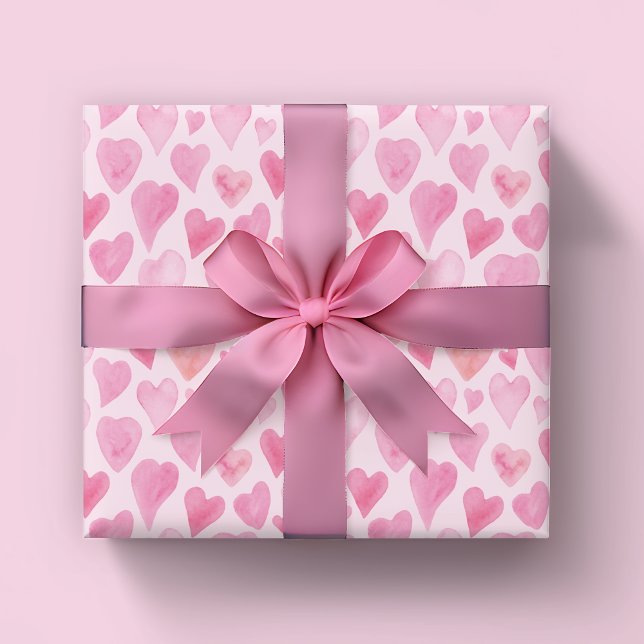 Cute Watercolor Heart Valentines Day pattern Wrapping Paper (Pink love heart wrapping paper. Perfect for Valentines Day, Wedding Gifts or girls birthday.)