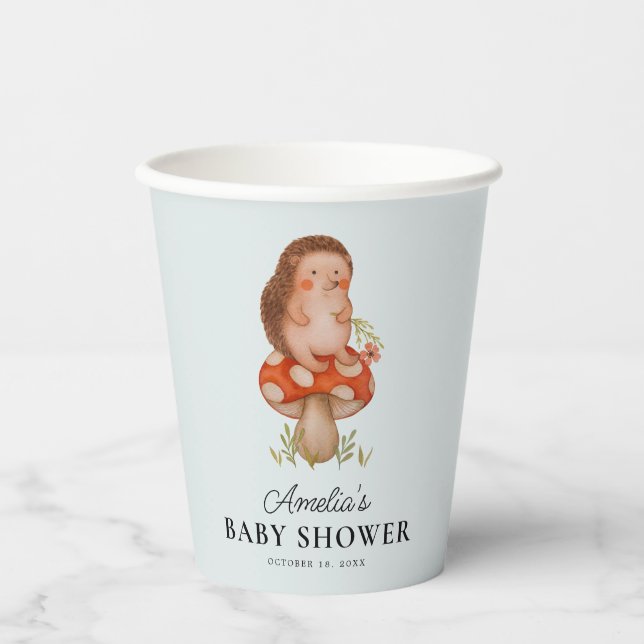 Cute Watercolor Hedgehog Blue Baby Shower  Paper Cups (Front)