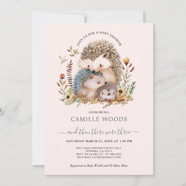 Cute Watercolor Hedgehog Family Pink Baby Shower  Invitation (Front)
