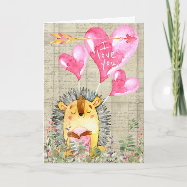 Cute Watercolor Hedgehog Happy Valentines Day Holiday Card (Front)