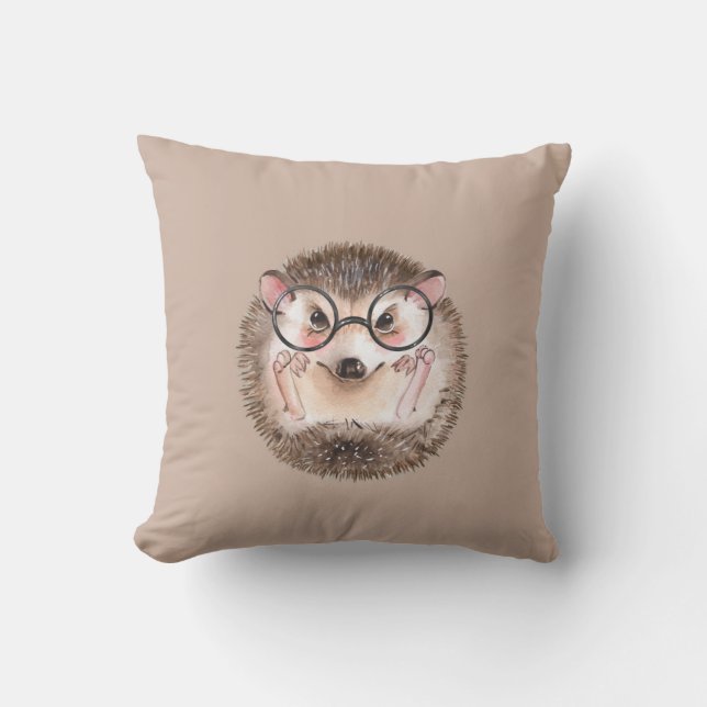 Cute watercolor hedgehog in glasses cushion (Front)