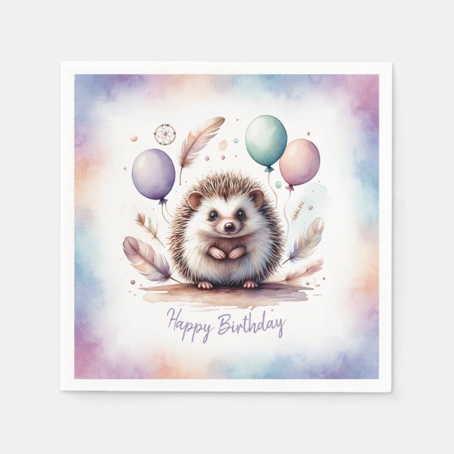 Cute Watercolor Hedgehog with Balloons Birthday  Napkin (Front)