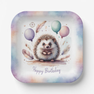 Cute Watercolor Hedgehog with Balloons Birthday Paper Plate