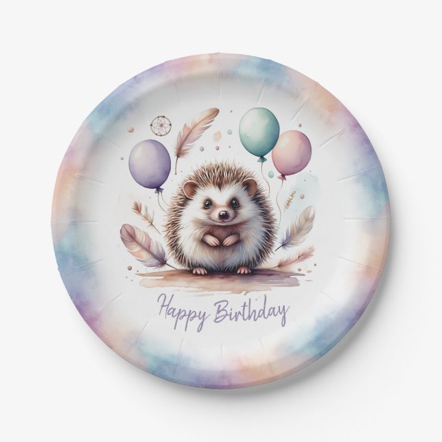 Cute Watercolor Hedgehog with Balloons Birthday  Paper Plate (Front)